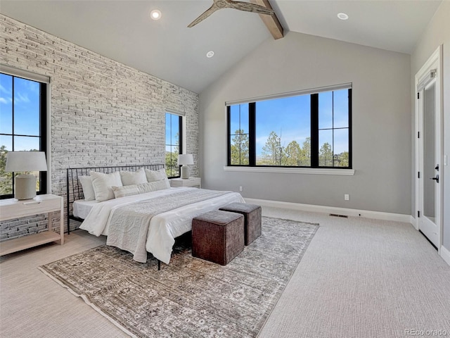 carpeted bedroom featuring baseboards, beam ceiling, high vaulted ceiling, and visible vents