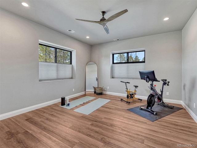 workout area featuring arched walkways, plenty of natural light, baseboards, and wood finished floors