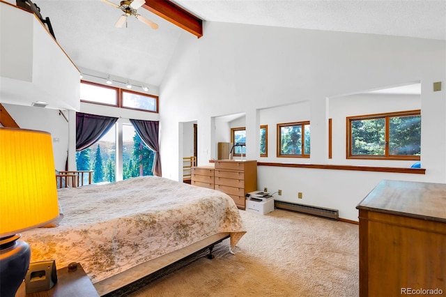 60 Jackson, Alma, CO 80420 - bedroom featuring high vaulted ceiling, carpet floors, beamed ceiling, multiple windows, and a baseboard heating unit