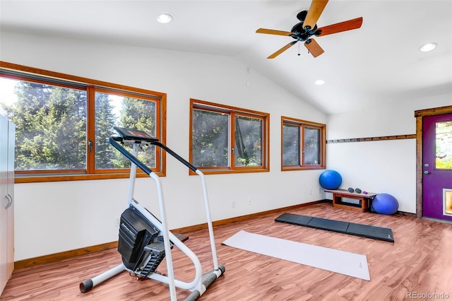 60 Jackson, Alma, CO 80420 - exercise room with vaulted ceiling, wood finished floors, ceiling fan, and recessed lighting