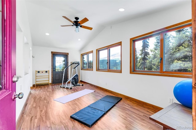 60 Jackson, Alma, CO 80420 - workout area with vaulted ceiling, a ceiling fan, wood finished floors, and recessed lighting