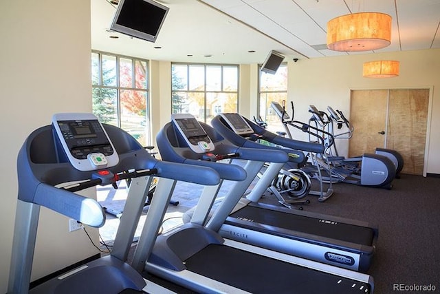 gym featuring floor to ceiling windows and a healthy amount of sunlight