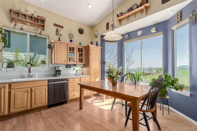 10554 Atwood Cir, Littleton, CO 80130 - kitchen with a sink, light brown cabinetry, light countertops, stainless steel dishwasher, and light wood-style floors