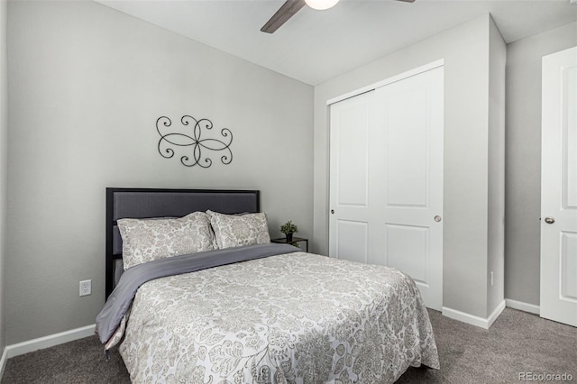 carpeted bedroom with a closet and ceiling fan