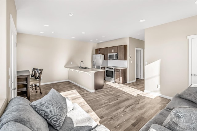 living room with sink and light hardwood / wood-style flooring