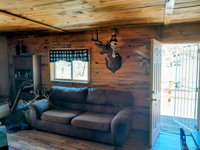 living room featuring wood walls, hardwood / wood-style flooring, and wood ceiling