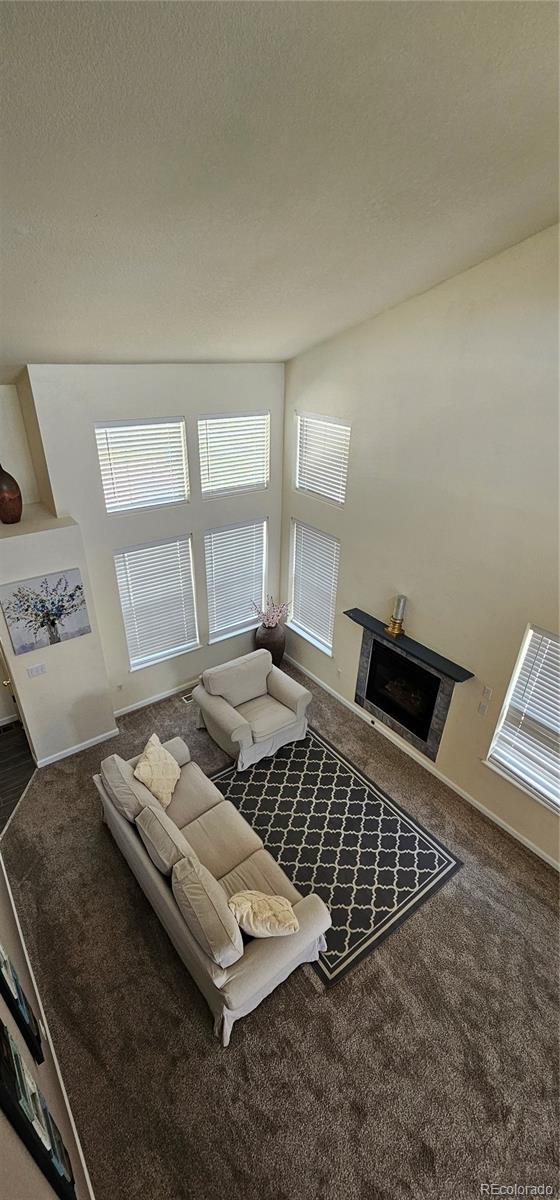 12388 Jasmine St, Brighton, CO 80602 - carpeted living room featuring a fireplace and a textured ceiling