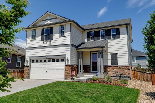 4863 Wildflower Pl, Dacono, CO 80514 - view of front of house featuring stone siding, driveway, a garage, and a shingled roof