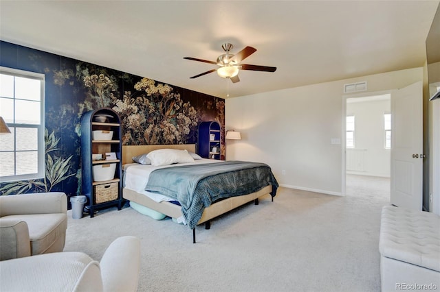 4863 Wildflower Pl, Dacono, CO 80514 - carpeted bedroom with wallpapered walls, multiple windows, ceiling fan, and an accent wall