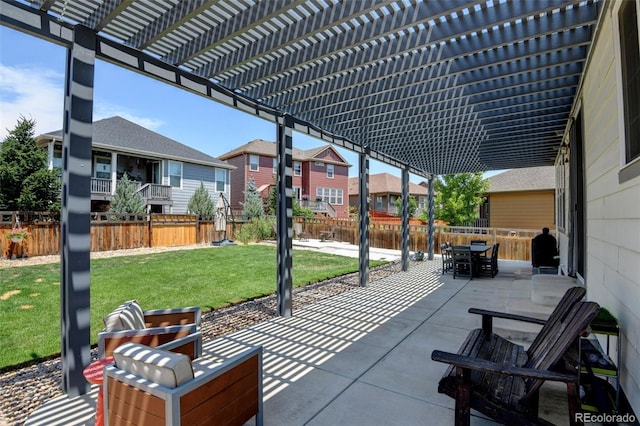 4863 Wildflower Pl, Dacono, CO 80514 - fenced backyard with a residential view, a pergola, a patio area, and outdoor dining space
