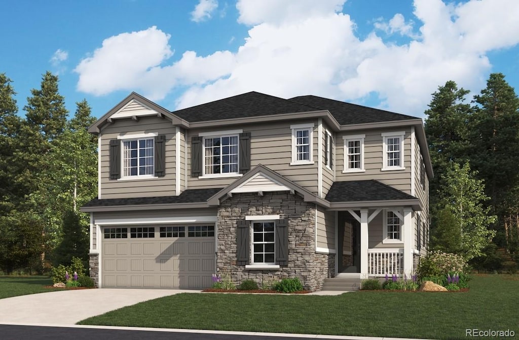 25171 E Evans Dr, Aurora, CO 80018 - craftsman-style home with stone siding, an attached garage, driveway, and a porch