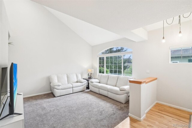 living area featuring vaulted ceiling, wood finished floors, and baseboards