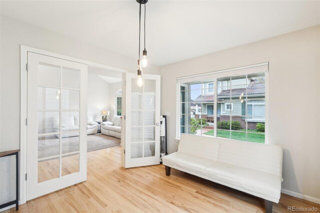 living area with wood finished floors and french doors