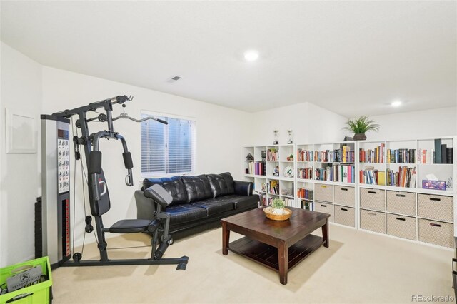 living area featuring carpet floors and recessed lighting