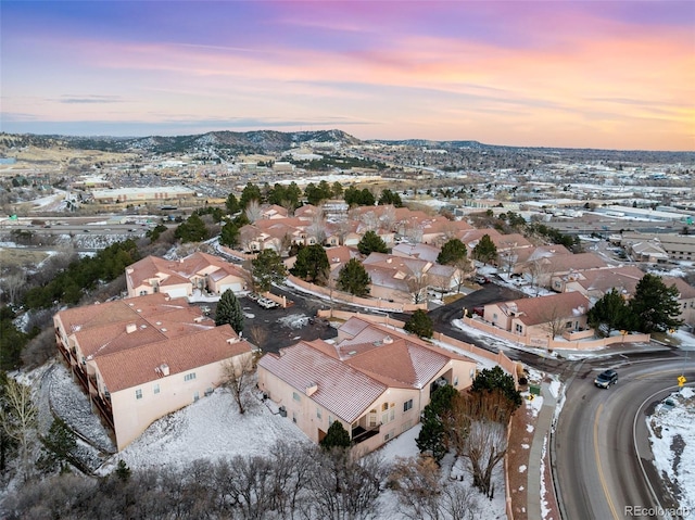 view of aerial view at dusk