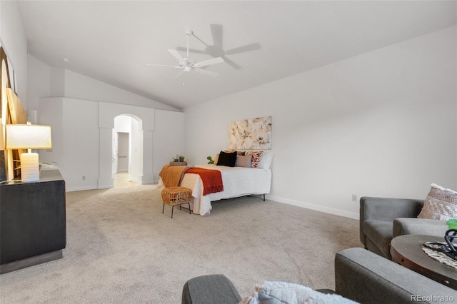 carpeted bedroom featuring lofted ceiling and ceiling fan