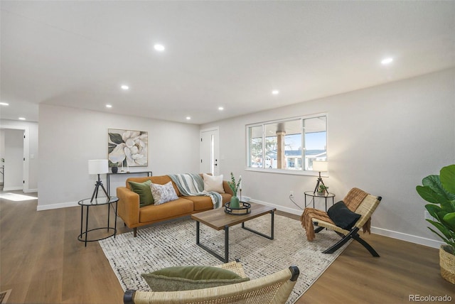 living room featuring baseboards, wood finished floors, and recessed lighting