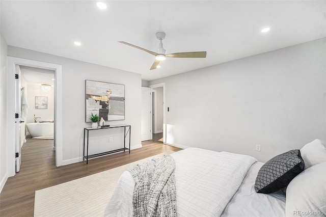 bedroom featuring a ceiling fan, baseboards, wood finished floors, and recessed lighting