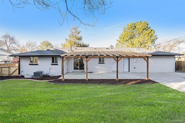 rear view of house with cooling unit, a patio area, fence, and a pergola