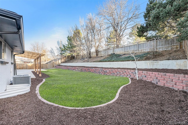 view of yard featuring central AC unit and a fenced backyard