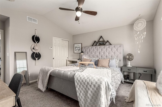 4873 S Fultondale Way, Aurora, CO 80016 - bedroom with carpet, vaulted ceiling, ceiling fan, baseboards, and a closet