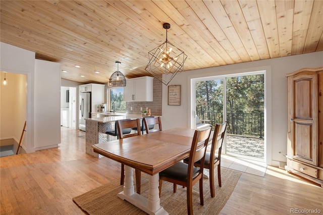 dining space with an inviting chandelier, light hardwood / wood-style flooring, wooden ceiling, and lofted ceiling