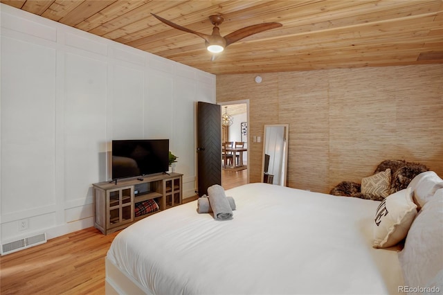 bedroom featuring lofted ceiling, wood ceiling, light hardwood / wood-style floors, and ceiling fan