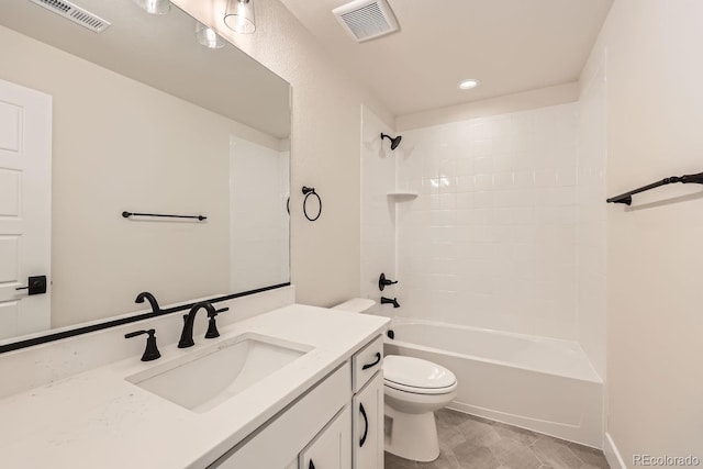 bathroom featuring  shower combination, visible vents, vanity, and toilet