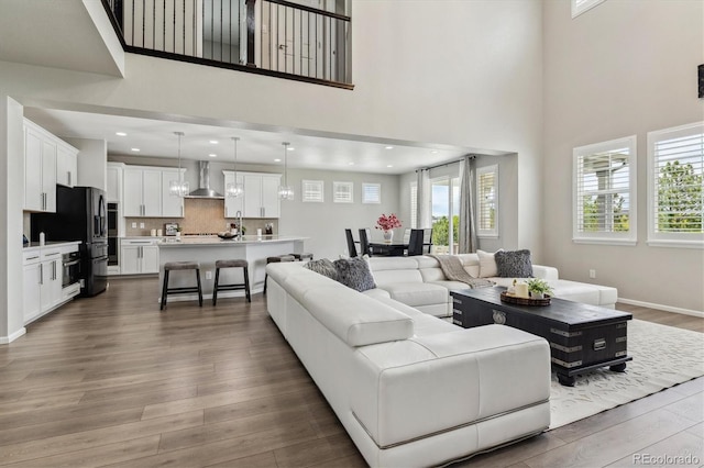 living room featuring a towering ceiling and wood-type flooring