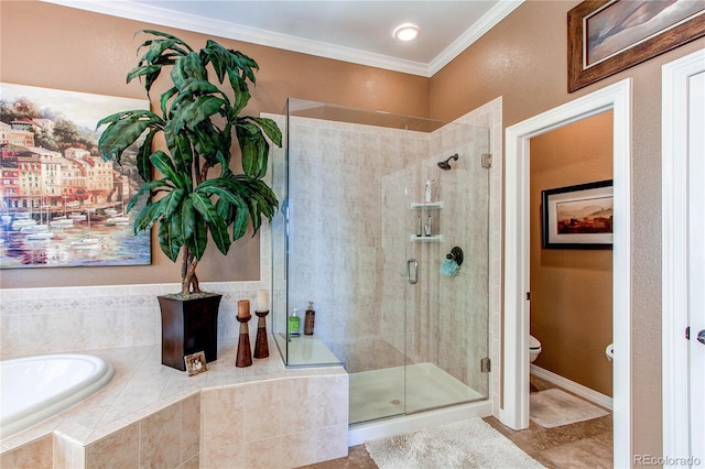 bathroom with independent shower and bath, toilet, and crown molding