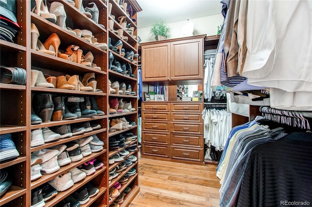 walk in closet with light hardwood / wood-style floors