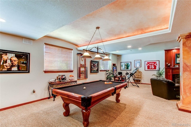 rec room with carpet floors, a textured ceiling, and pool table