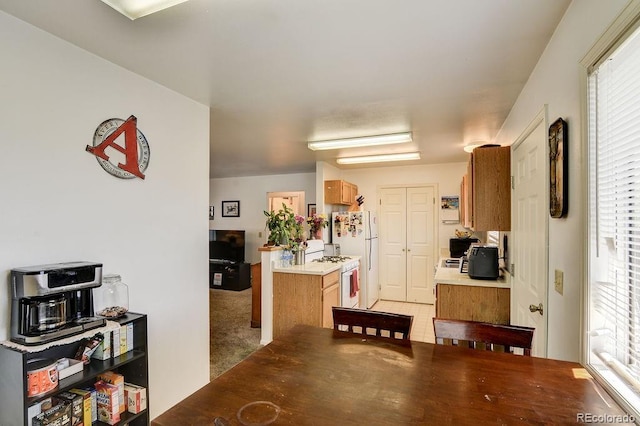 kitchen with light carpet and white appliances