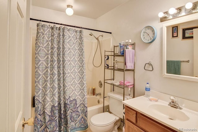 full bathroom with vanity, shower / bathtub combination with curtain, and toilet