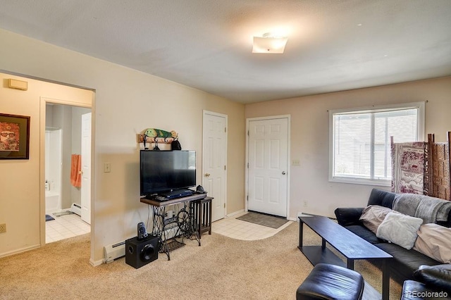 living room with light colored carpet and a baseboard heating unit