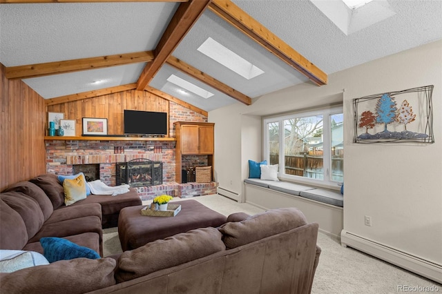 2090 S Gray Dr, Lakewood, CO 80227 - living room with vaulted ceiling with skylight, light colored carpet, a textured ceiling, and a baseboard heating unit