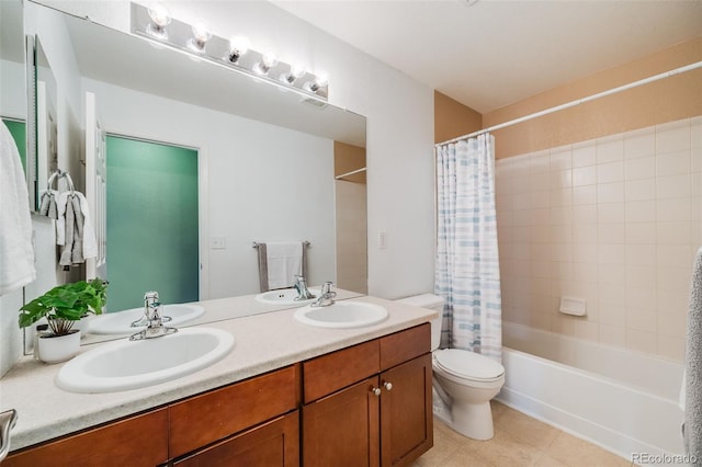 22765 E Ottawa Pl, Aurora, CO 80016 - bathroom featuring shower / bathtub combination with curtain, double vanity, and tile patterned floors