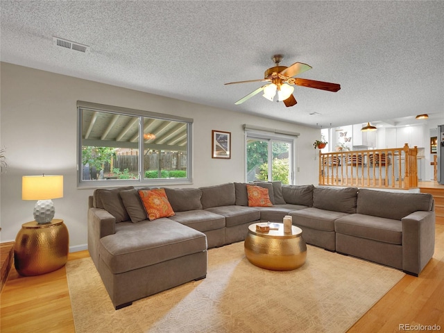 4720 W Stanford Ave, Denver, CO 80236 - living room featuring light wood-style flooring, ceiling fan, and a textured ceiling