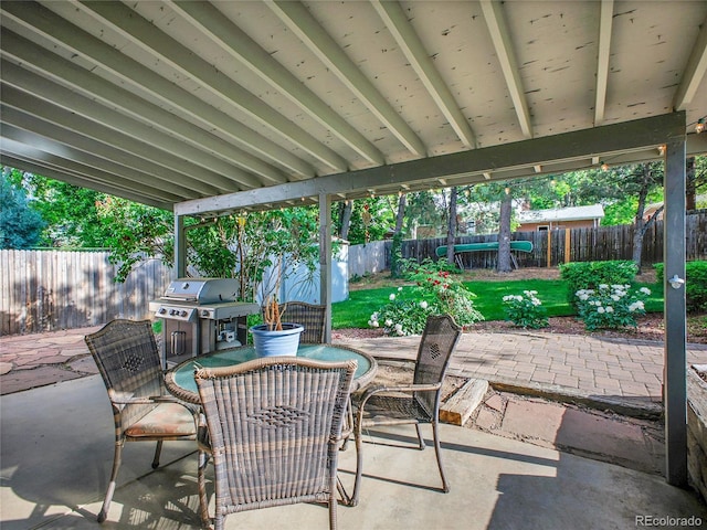 4720 W Stanford Ave, Denver, CO 80236 - fenced backyard with a patio, outdoor dining space, and grilling area