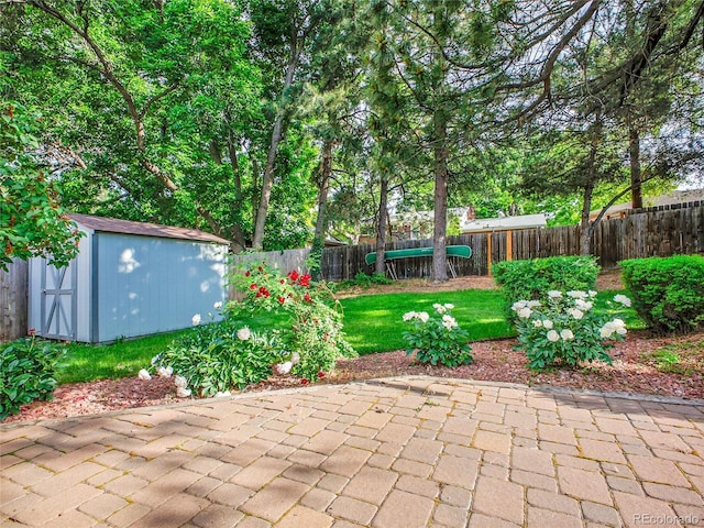 4720 W Stanford Ave, Denver, CO 80236 - fenced backyard featuring a storage shed and a patio area