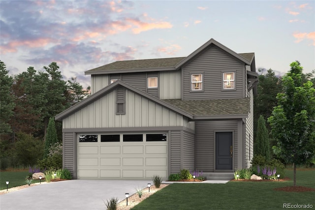 18978 E 94th Pl, Commerce City, CO 80022 - view of front of house with a shingled roof, board and batten siding, concrete driveway, a lawn, and entry steps