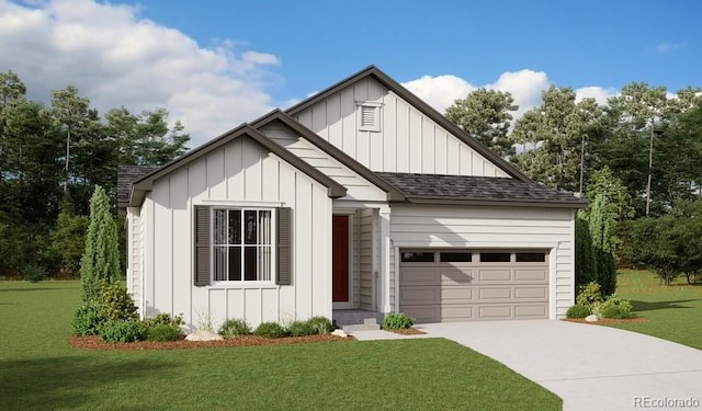 modern farmhouse featuring a front yard and a garage