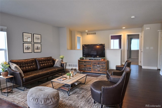 living room featuring dark wood-type flooring