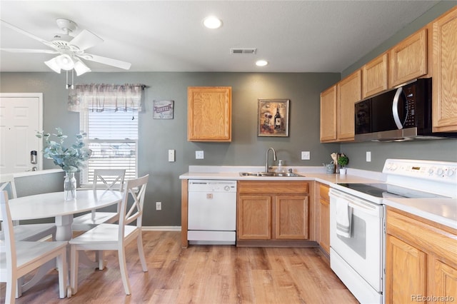 kitchen with visible vents, a ceiling fan, a sink, white appliances, and light wood-style flooring