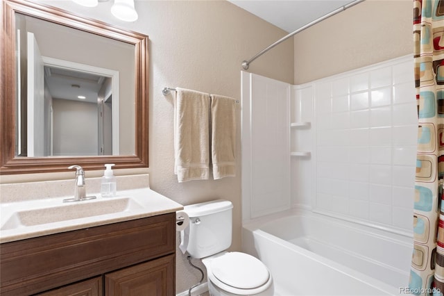 full bath with a textured wall, toilet, vanity, and shower / bath combination with curtain