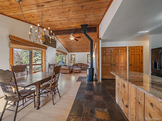 7754 Swaps Trl, Evergreen, CO 80439 - dining space featuring wooden ceiling, ceiling fan, and stone finish flooring