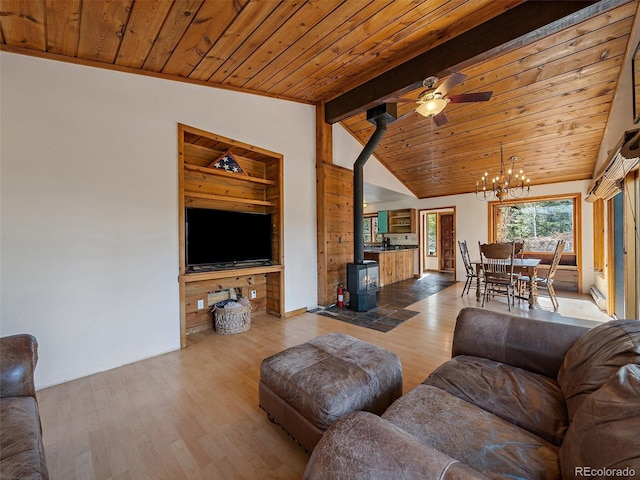 7754 Swaps Trl, Evergreen, CO 80439 - living room featuring a wood stove, wood finished floors, a chandelier, wooden ceiling, and ceiling fan