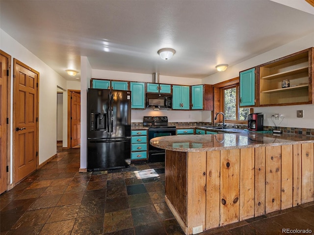 7754 Swaps Trl, Evergreen, CO 80439 - kitchen featuring black appliances, a peninsula, a sink, open shelves, and stone tile floors