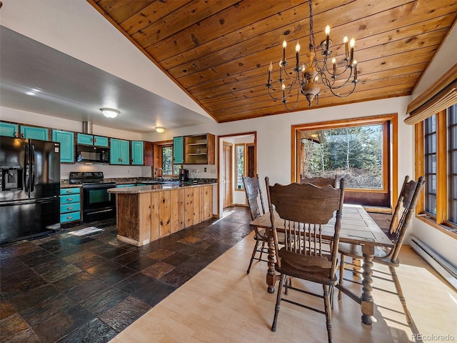 7754 Swaps Trl, Evergreen, CO 80439 - dining room featuring vaulted ceiling, healthy amount of natural light, a chandelier, wood ceiling, and baseboard heating