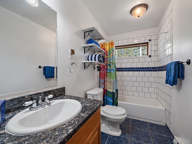 7754 Swaps Trl, Evergreen, CO 80439 - bathroom featuring toilet, shower / bathtub combination with curtain, vanity, and tile patterned flooring